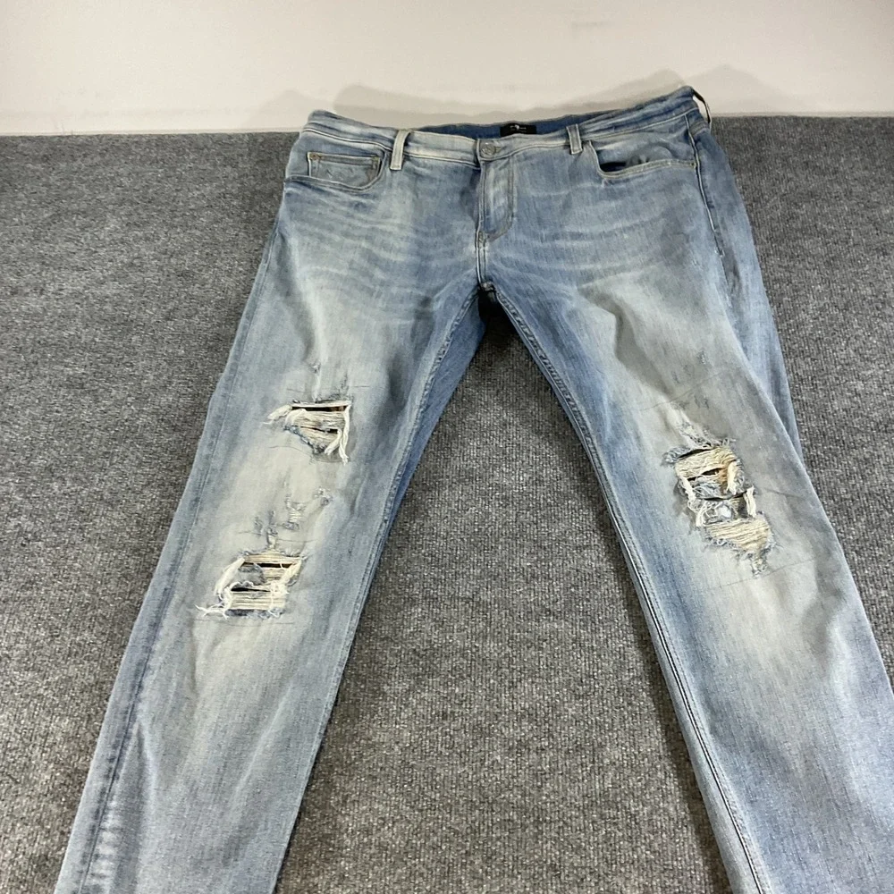 7 For All Mankind Jeans Mens 40x36 Stacked Skinny Distressed Light Wash Denim